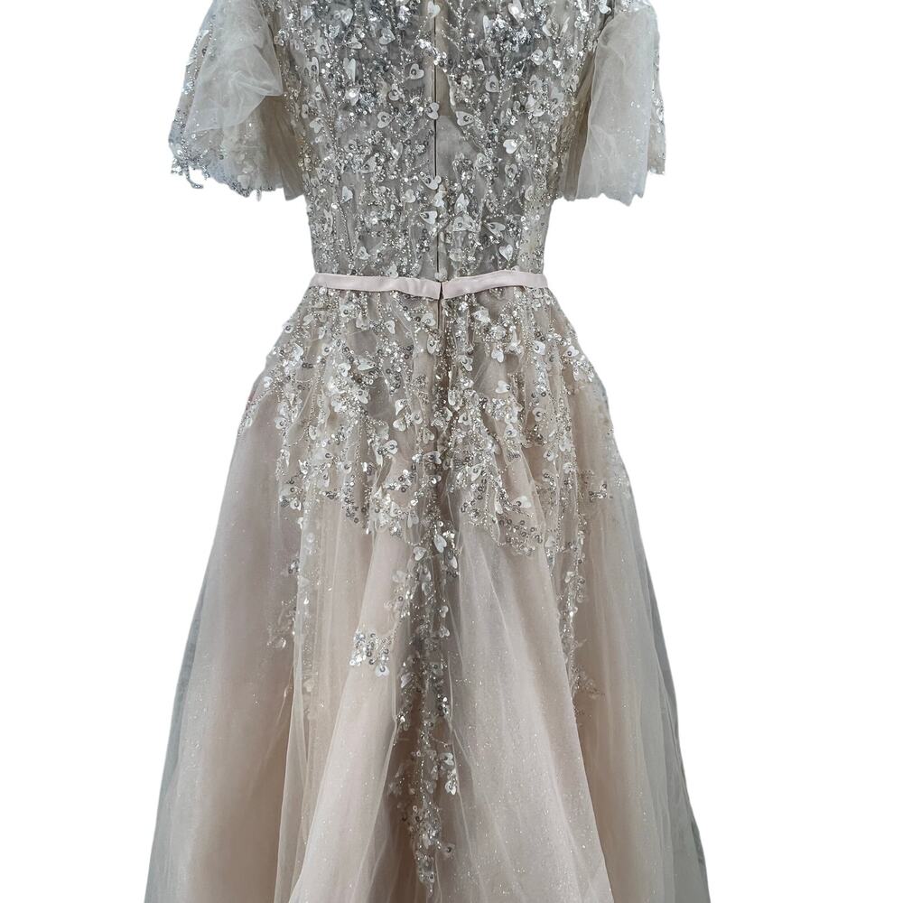 Mac Duggal 20362 Beige Embellished Flutter Sleeve Bow Waist A-Line Gown size 6 - Picture 8 of 14
